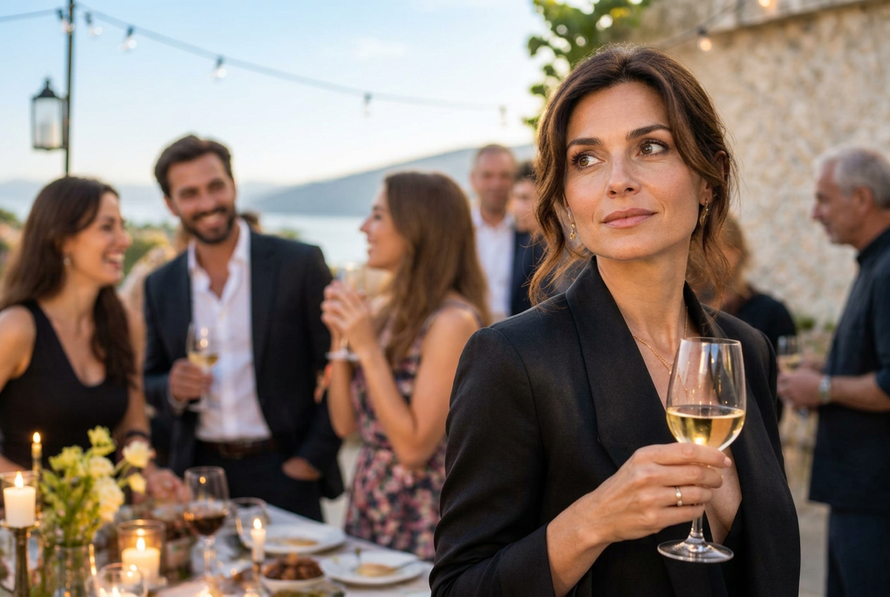 Uomo di circa 40 anni sorridente ma distaccato in mezzo a un gruppetto di amici