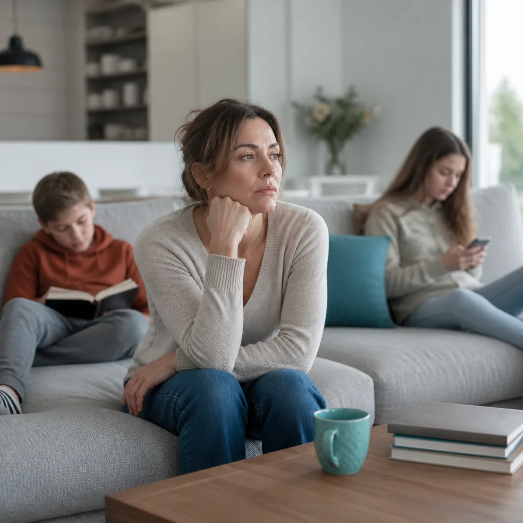 Donna seduta sul divano con sguardo assente, mentre i figli sono intenti nelle loro attività